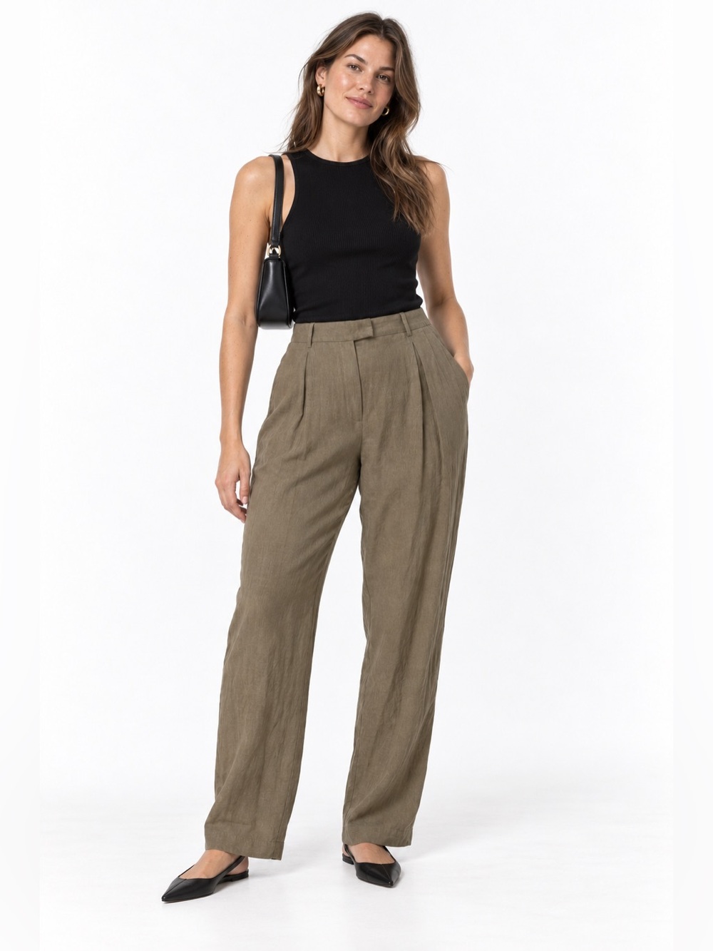 Weekday Lilah Linen Blend Pleated Trousers Women’s Size 46 Olive Khaki Pants